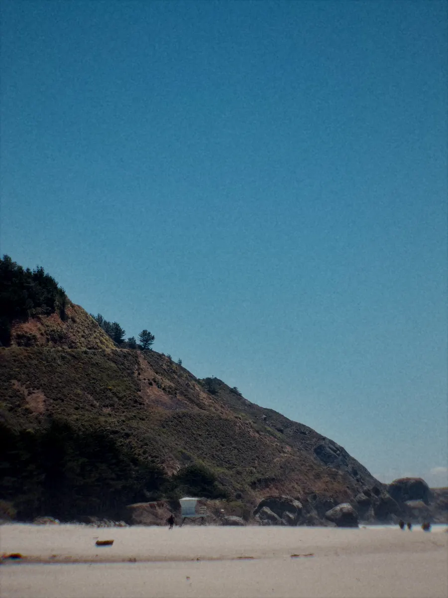 A green headland rising above an empty beach under a clear sky