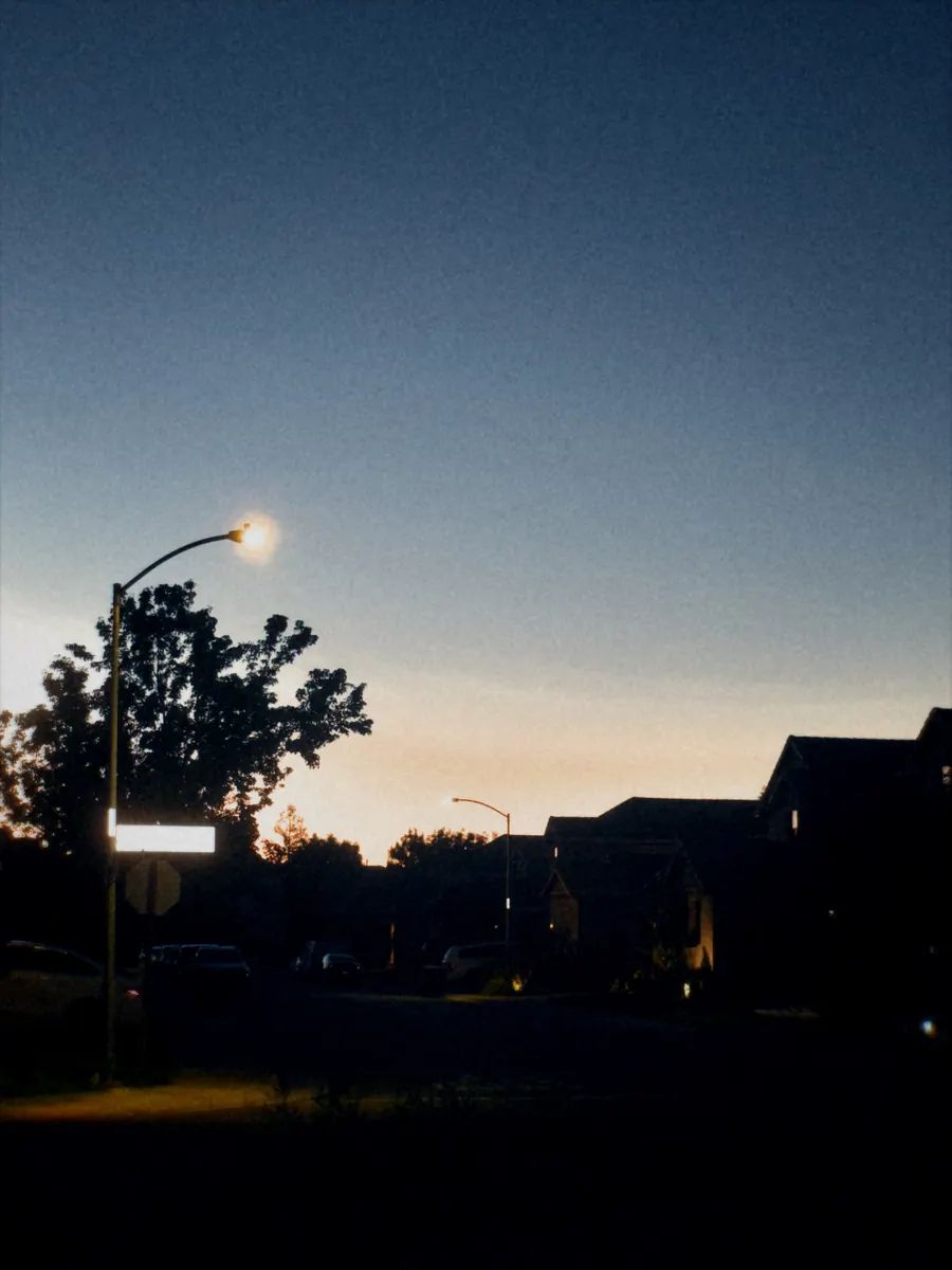 A streetlight coming on over a suburban road at dusk